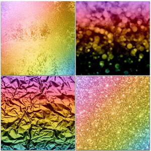 Op de afbeelding: Vier digitale papiertexturen in een regenboogverloop. De textuur linksboven is een korrelige, glinsterende regenboogverloop. De textuur rechtsboven is een wazige regenboogverloop met bokeh-lichtjes. De textuur linksonder is een gekreukelde folie regenboogverloop. De textuur rechtsonder is een glinsterende regenboogverloop.