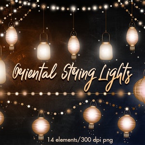 May include: A set of 14 digital illustrations of glowing oriental string lights. The lights are in the shape of lanterns and are strung together with a string of small white lights. The background is a dark blue with gold and white accents. The text "Oriental String Lights" is written in a decorative font.