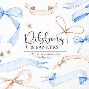 Aquarell Band Clipart, Aquarell Schleife Clipart, Blaue Bänder, Beige Schleifen, Aquarell Banner, Negativer Raum, Transparente png Overlays