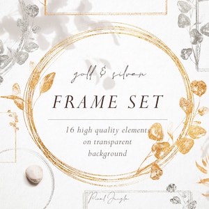 Gouden en zilveren frame overlays, Goudfolie frames, Gouden bloemen frames, Zilveren ronde frames, Gouden bladeren, Geometrische frames, Design elementen