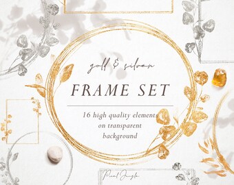 Gold & Silver Floral Frame Overlays: Geometric Design Elements (PNG)