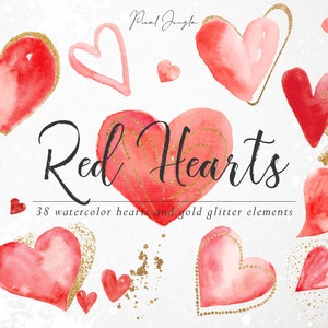 Corações vermelhos em aquarela e glitter dourados, clipart de coração, corações em aquarela, corações dourados, elementos de design de coração, sobreposições de coração, PNG