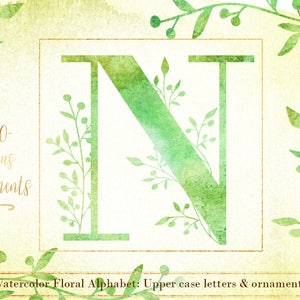 Clipart del alfabeto del monograma de acuarela, Alfabeto de acuarela floral del monograma, Clipart de boda del monograma, Letras del monograma, Clipart de tipografía