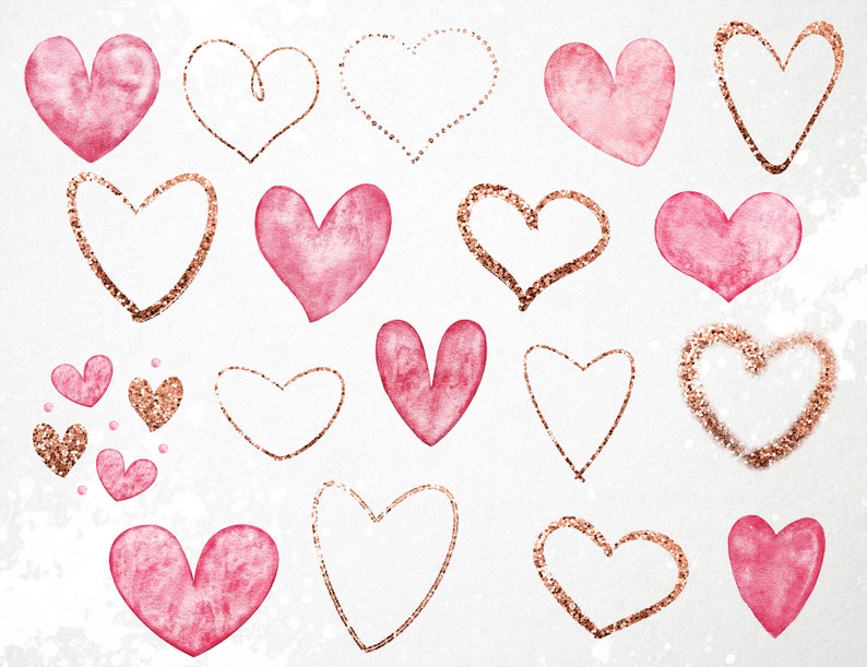 Watercolor Hearts Clipart: Pink & Rose Gold Glitter (PNG) - Etsy