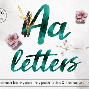 Emerald green watercolor font clipart, Watercolor alphabet, Watercolor letters clip art, Watercolor numbers, Gold splashes, Gold foil,