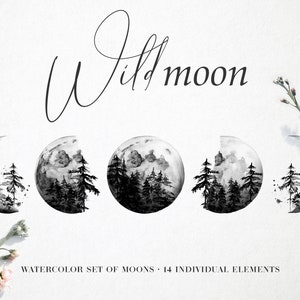 Aquarell Mondphasen Clipart, AquarellPhasen des Mondes, Mond und Wald, Celestial Overlays, Nachthimmel Clipart, Mond transparent PNG