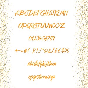 May include: A gold font alphabet with uppercase and lowercase letters, numbers, and symbols. The font is handwritten and has a glittery texture.