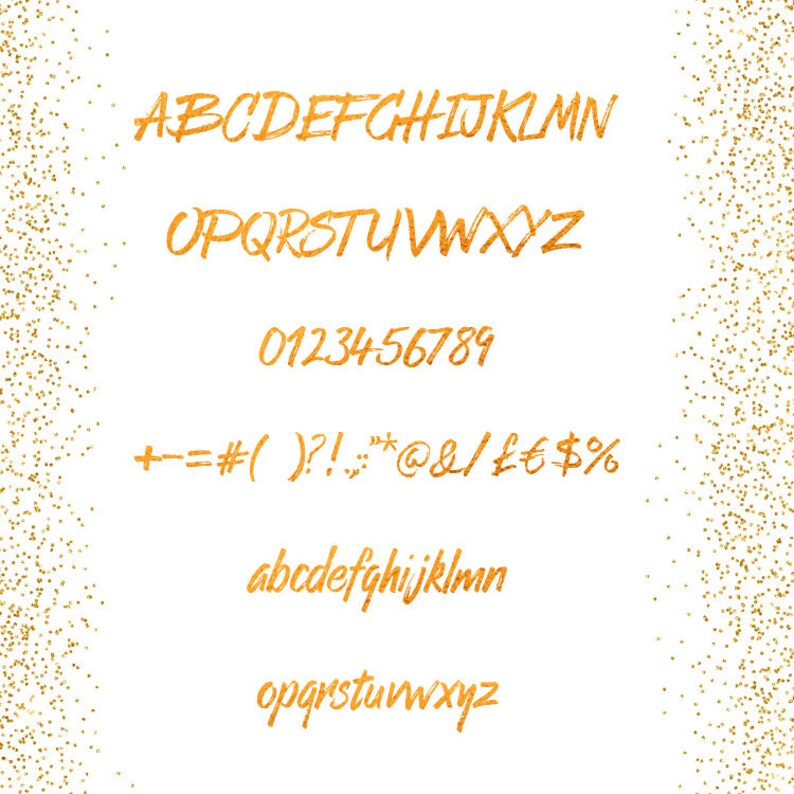 May include: A gold font alphabet with uppercase and lowercase letters, numbers, and symbols. The font is handwritten and has a glittery texture.