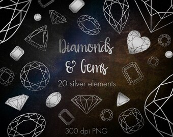 May include: A set of 20 silver diamond and gem illustrations. The illustrations are in a variety of shapes and sizes, including hearts, squares, and ovals. The illustrations are on a dark background with a glittery texture. The text "Diamonds & Gems 20 silver elements 300 dpi PNG" is at the bottom of the image.