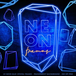 Blaue Neon Bilderrahmen, Neon Rahmen Overlays, Neon Kristall Rahmen Clipart, Neon Design Elemente, Glowing Frames, Geometrische Rahmen, Sofortiger Download