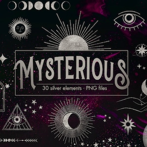 Puede incluir: Un conjunto de 30 elementos místicos plateados, que incluyen lunas, estrellas, soles, ojos, manos y formas geométricas. Los elementos están sobre un fondo negro con acentos de acuarela rosa y morado. El texto "MYSTERIOUS" está en una fuente plateada con las palabras "30 elementos plateados - archivos PNG" debajo.