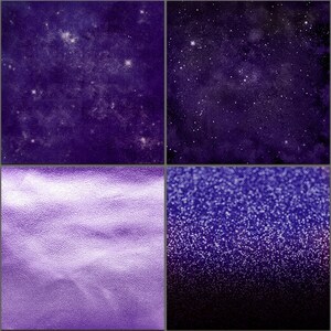May include: A digital collage of four images featuring different shades of purple. The top left image shows a galaxy with stars. The top right image shows a dark purple sky with stars. The bottom left image shows a textured purple surface. The bottom right image shows a purple background with white glitter.