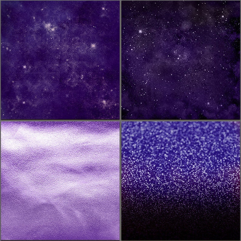 May include: A digital collage of four images featuring different shades of purple. The top left image shows a galaxy with stars. The top right image shows a dark purple sky with stars. The bottom left image shows a textured purple surface. The bottom right image shows a purple background with white glitter.