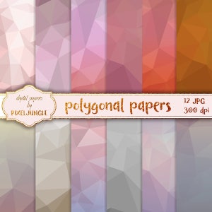May include: Set of 12 digital papers featuring polygonal patterns in shades of pink, orange, and brown. The papers are 300 dpi and are perfect for crafting and design projects.