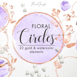 Bloemen nam gouden cirkels met aquarel, Lilac cirkels voor embleem, Bloemencirkels, Aquarelverfplons, Lilac ontwerpelementen, PNG toe