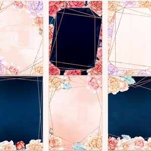 May include: Six printable cards with floral borders and geometric gold frames. The cards have a watercolor background in shades of pink, peach, and blue. The floral borders are made up of pink, peach, and white roses.