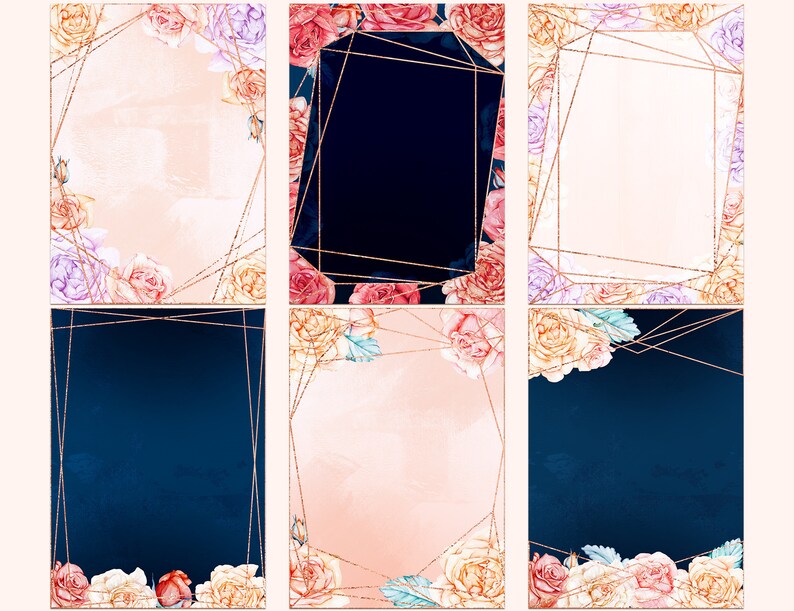 May include: Six printable cards with floral borders and geometric gold frames. The cards have a watercolor background in shades of pink, peach, and blue. The floral borders are made up of pink, peach, and white roses.