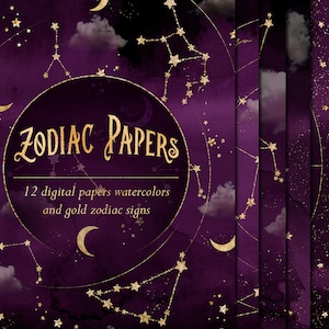 Carte digitali zodiacali viola con lamina d'oro, carta da parati zodiacale acquerello, sfondi zodiacali, carte digitali celesti viola, pacchetto carta