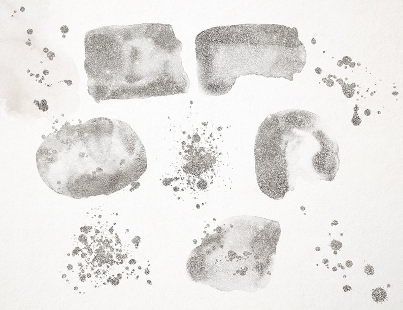 May include: A set of silver glitter paint splatters and shapes on a white background. The paint is in various sizes and shapes, including circles, squares, and rectangles.