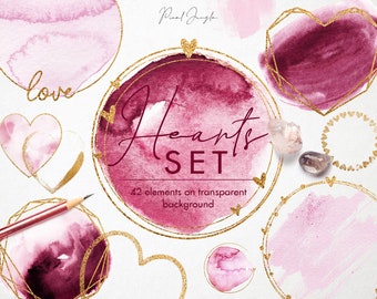 Heartshaped frames clipart, Heart frames, Love frames clip art, Heart logo, Gold and watercolor design elements, Watercolor hearts, PNG