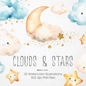 Luna y estrellas en acuarela, nubes, estrellas en acuarela, superposiciones de luna, imágenes prediseñadas de luna creciente, estrellas doradas, superposiciones PNG, imágenes prediseñadas de brillo, descargar