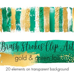 May include: Twenty gold and green brush stroke clip art elements on a transparent background.  The brush strokes are in various sizes and shapes, and some have a glittery texture.