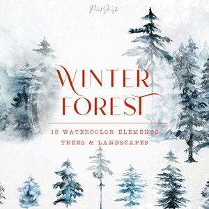 Winter bos clipart, Besneeuwd landschap, Dennenboom clipart, Noordelijke bosoverlays, Boom illustraties, Aquarel bomen, Transparante PNG