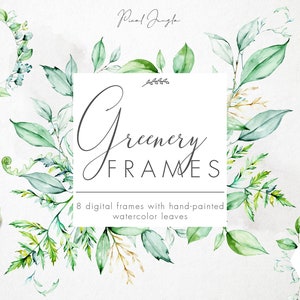 May include: A set of 8 digital frames featuring hand-painted watercolor leaves in shades of green. The frames are perfect for adding a touch of nature to your digital designs.