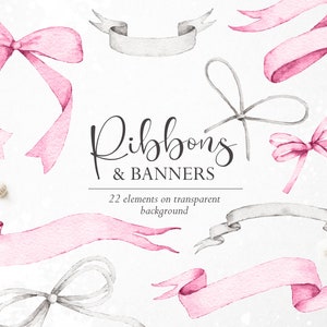 AquarellBand Clipart, Aquarell Schleife Clipart, Pinke Bänder, Graue Banner, Aquarell Banner, Negativer Raum, Transparente PNG Overlays