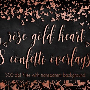 Superposiciones de confeti de corazones de oro rosa, conjunto de imágenes prediseñadas de oro rosa, bordes de confeti de oro, marcos de corazones, marcos metálicos, imágenes prediseñadas, bordes de corazón