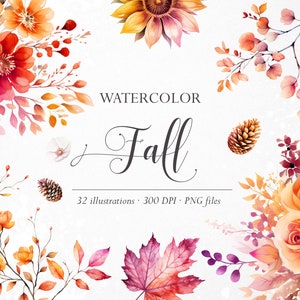 Clipart aquarelle automne, clipart automne, citrouilles, pommes de pin, clipart automne, clipart botanique, clipart plante, fleurs d'automne, PNG