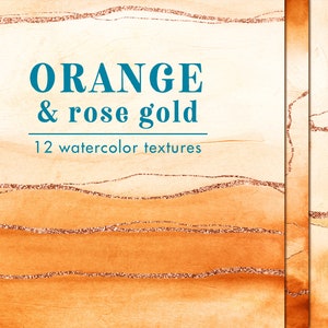Orange watercolor textures with rose gold veins, Watercolor digital papers with rose gold, Rose gold veins, Paper pack, Watercolor wallpaper