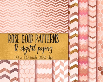Pink & Rose Gold chevron digital paper, Rose Gold foil paper pack, Abstract patterns, Pink textures, Pink backgrounds, Rose Gold Chevron