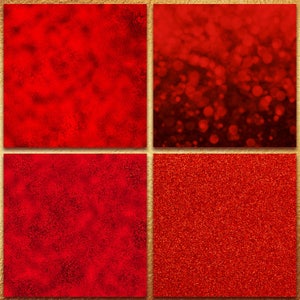May include: Four red digital paper textures. The top left texture is a solid red with a subtle mottled pattern. The top right texture is a red gradient with a blurred bokeh effect. The bottom left texture is a solid red with a subtle speckled pattern. The bottom right texture is a solid red with a glitter effect.