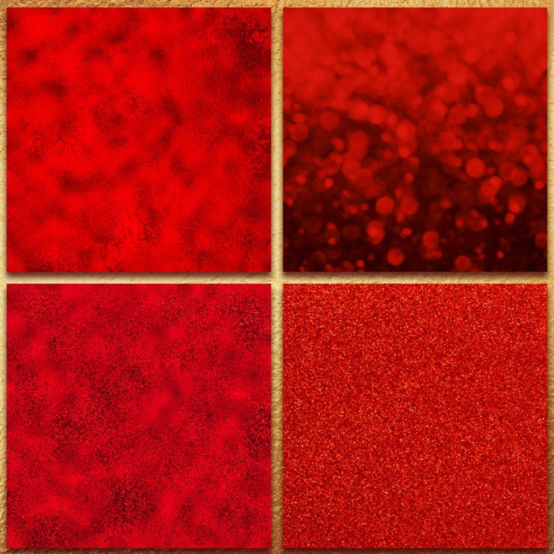 May include: Four red digital paper textures. The top left texture is a solid red with a subtle mottled pattern. The top right texture is a red gradient with a blurred bokeh effect. The bottom left texture is a solid red with a subtle speckled pattern. The bottom right texture is a solid red with a glitter effect.