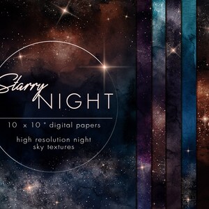 Papel digital de acuarela nocturna estrellada, Clipart de papel de acuarela, Papel pintado de acuarela azul denim, Papeles con estrellas brillantes, Paquete de papel, JPG
