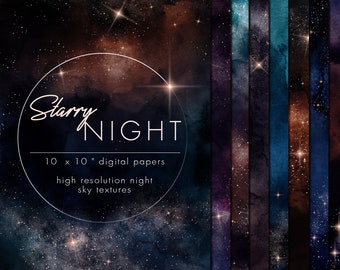 May include: A set of 10 digital papers featuring high-resolution night sky textures. The papers are 10 inches by 10 inches and feature a variety of colors, including blue, purple, and brown. The papers are perfect for creating backgrounds, scrapbooking, and other creative projects.