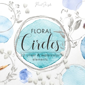 Bloemen zilveren cirkels met aquarel, Bloemencirkels voor embleem, Bloemenontwerpelementen, Aquarelverfplons, Aquarelronde vormen