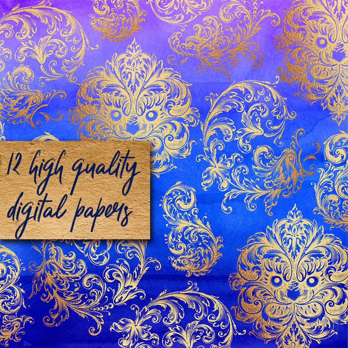 Blue Watercolor Digital Paper Clipart, Gold Papers, Gold Digital Paper ...