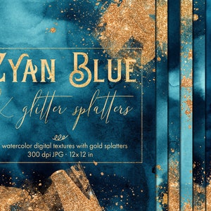 Cyan digital papers with gold foil, Watercolor digital paper clipart, Watercolor wallpaper, Cyan blue watercolor background, Paint texture