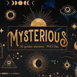 Éléments de conception mystérieux en or, Lune d’or, Éléments de conception en or, Clipart céleste d’or, Conception astrologique, Phases de lune, Étoiles d’or