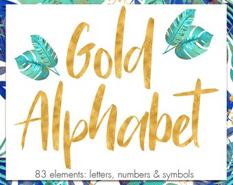 May include: Gold alphabet letters, numbers, and symbols with a tropical leaf design.  83 elements: letters, numbers & symbols.