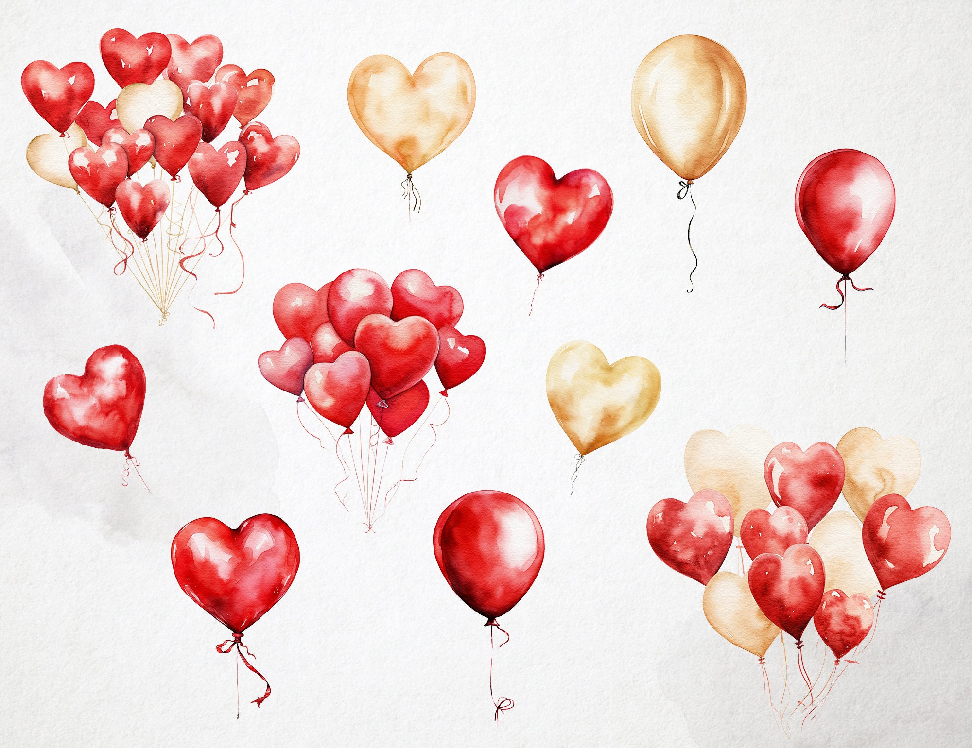 Watercolor Heart Balloons Clipart: Red & Beige PNG Overlays (digital ...