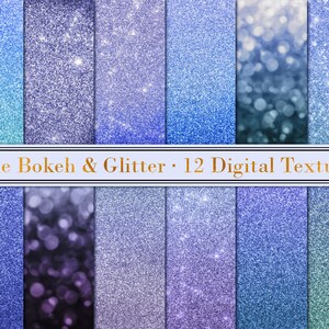 Op de afbeelding: Twaalf digitale texturen met blauwe glitter- en bokeh-effecten. De texturen zijn gerangschikt in een raster.