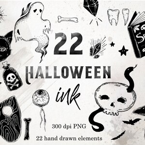 May include: Black and white Halloween-themed illustrations, including a cat with a crescent moon, a ghost, a skull, a potion bottle, and a Ouija board. The text "Halloween Ink" and "22 hand drawn elements" are also included.