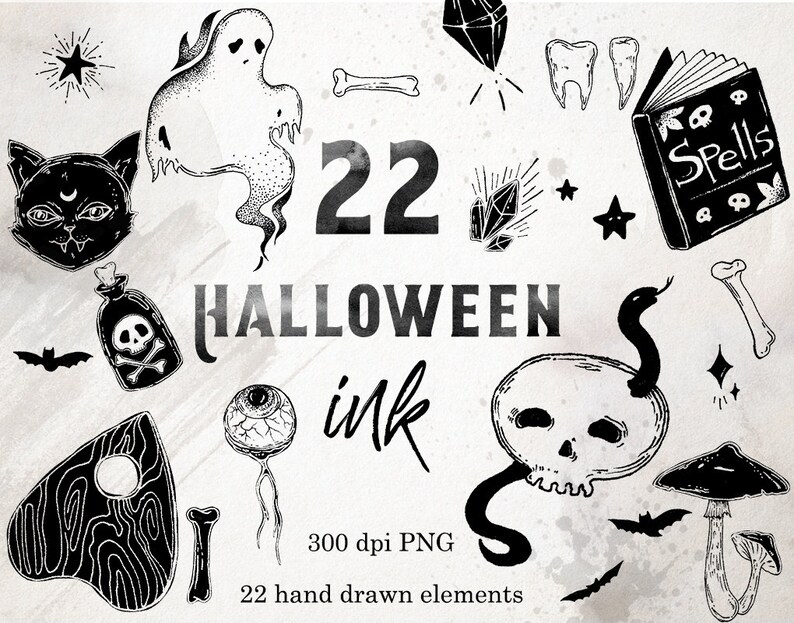 May include: Black and white Halloween-themed illustrations, including a cat with a crescent moon, a ghost, a skull, a potion bottle, and a Ouija board. The text "Halloween Ink" and "22 hand drawn elements" are also included.