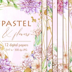 Floral digital paper pack, 5x7 papers, Floral papers, Floral frames, Gold geometric frames, Watercolor paper, Floral watercolor invitations