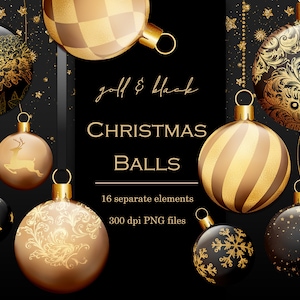 Gold christmas baubles clipart, Black and gold christmas balls, Winter ornaments, Winter design elements, Christmas decoration, Gold baubles