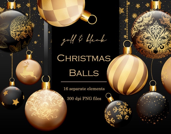 Gold Christmas Baubles Clipart, Black and Gold Christmas Balls