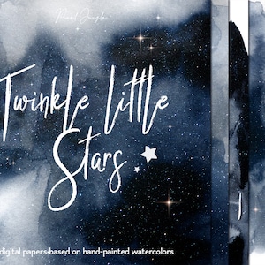 Diepblauwe kosmos digitale papieren, Twinkle sterren papierpakket, Behang met sterren, Aquarel achtergronden, Aquarel ruimtepapier, JPG